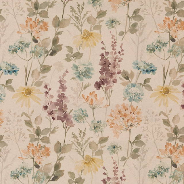 Pastel floral cotton fabric with sky blue, peach, lilac and yellow blooms
