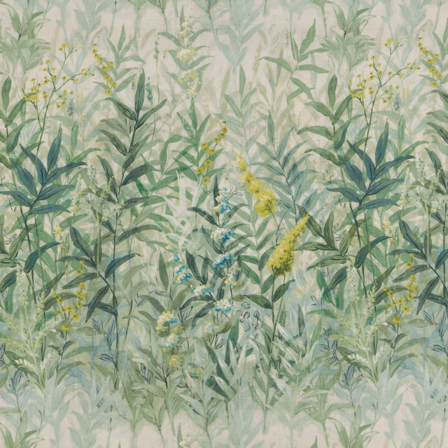 Painterly wildflower print in soft green, yellow and blue on a pale cotton ground