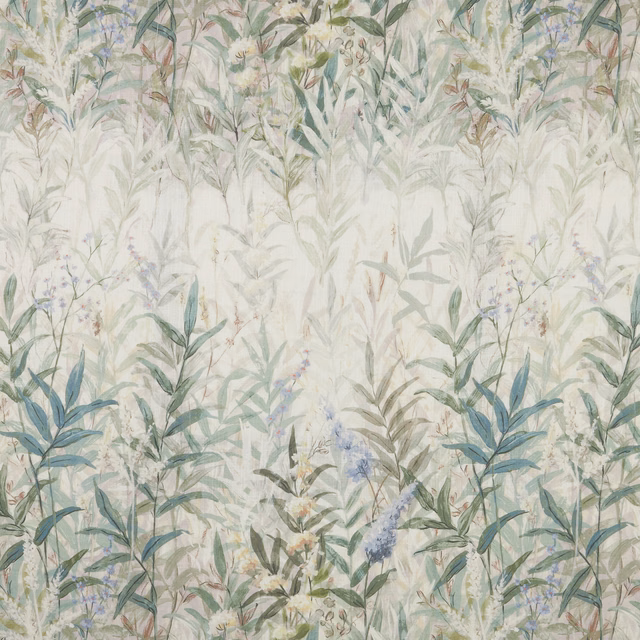 Pale mint botanical cotton with layered wildflower stems and soft meadow leaves