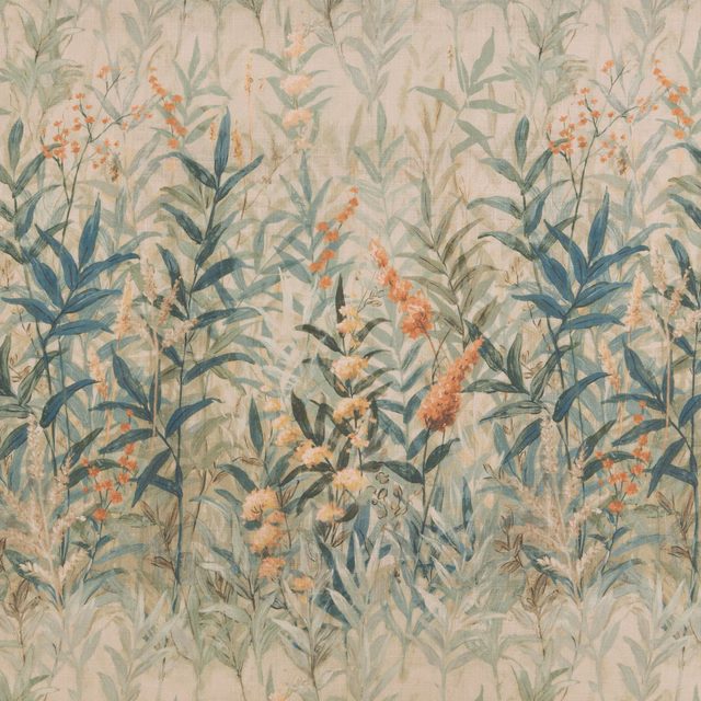 Moonstone floral cotton fabric with sage stems, teal leaves and peach wildflowers