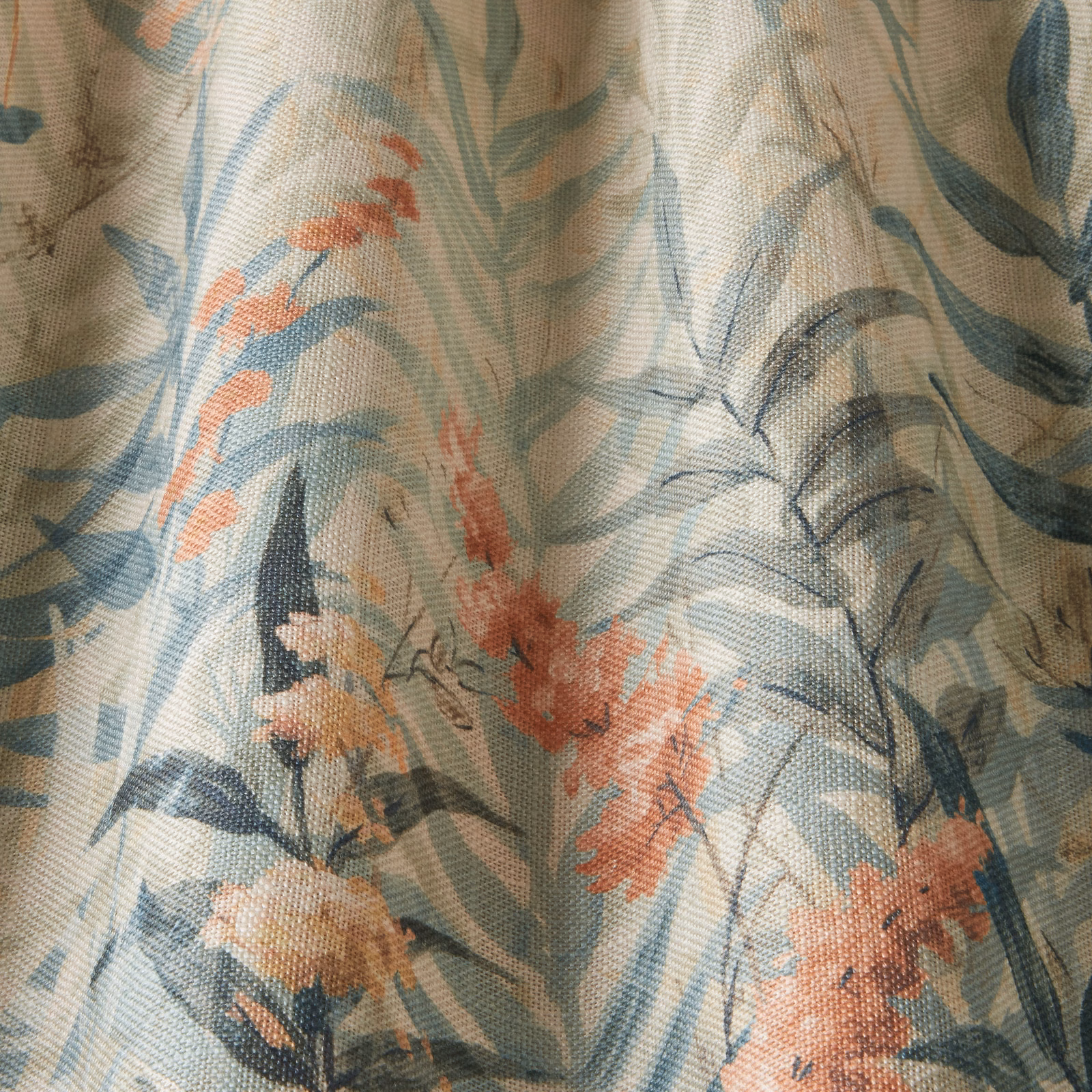 Moonstone blue cotton fabric with wavy stripes and coral wildflower print