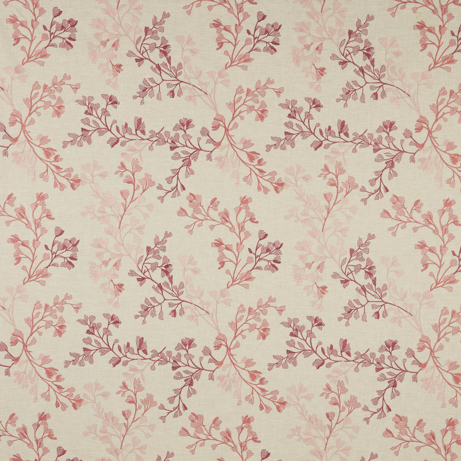 Cream cotton floral fabric with soft blush pink trailing leaves and berry accents