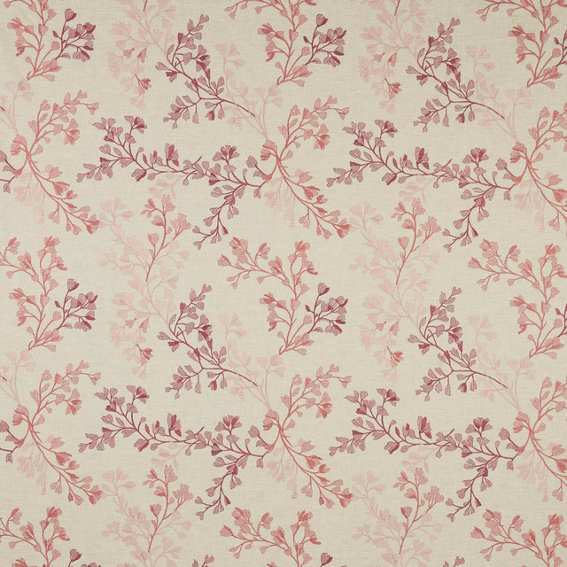 Cream cotton floral fabric with soft blush pink trailing leaves and berry accents