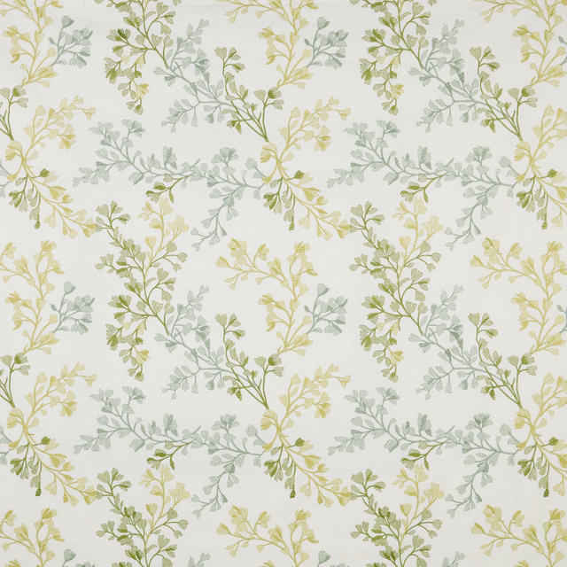 Trailing willow leaf print in soft green and pale yellow on an ivory cotton ground