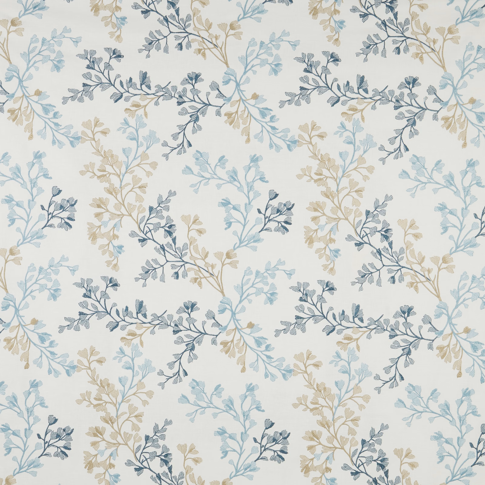 Pale sky blue and beige leafy botanical print on an ivory cotton swatch