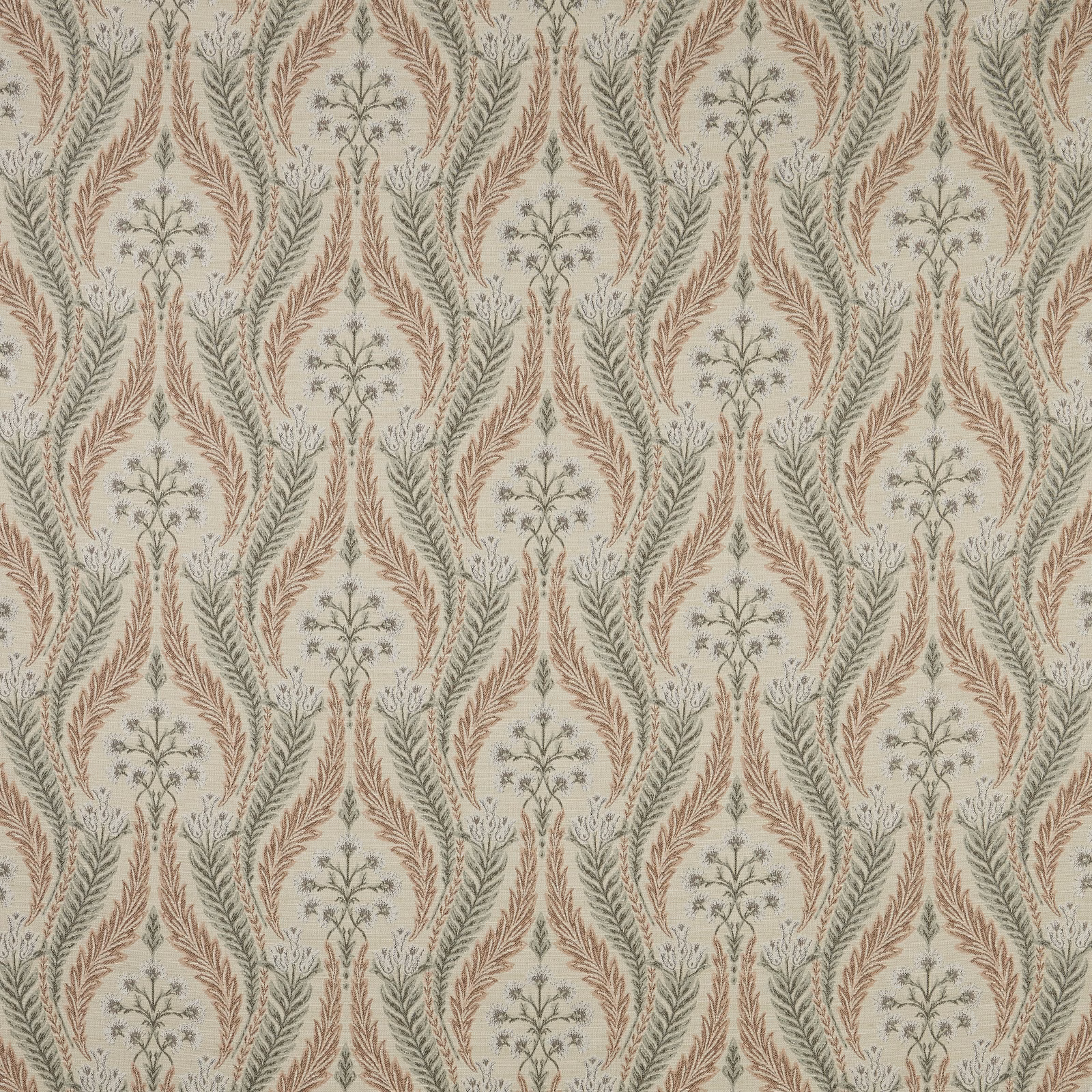 Blush botanical fabric with terracotta leaf arches and sage green sprigs
