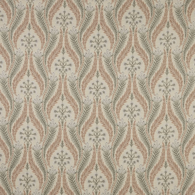 Blush botanical fabric with terracotta leaf arches and sage green sprigs