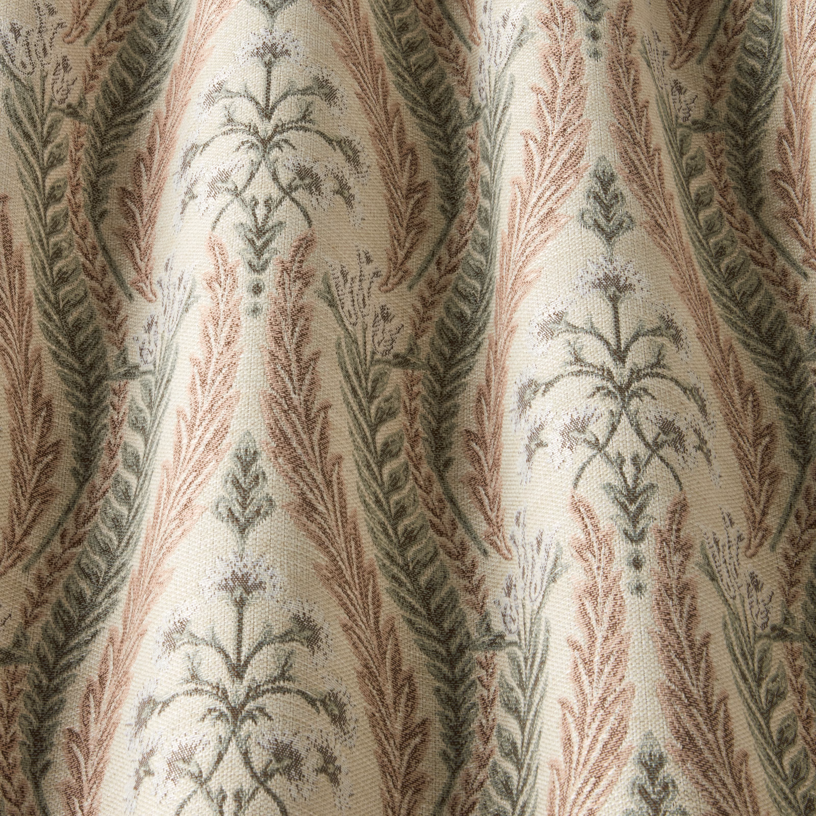 Blush pink striped fabric with sage and taupe botanical motifs and a soft woven texture