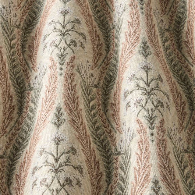 Blush pink striped fabric with sage and taupe botanical motifs and a soft woven texture
