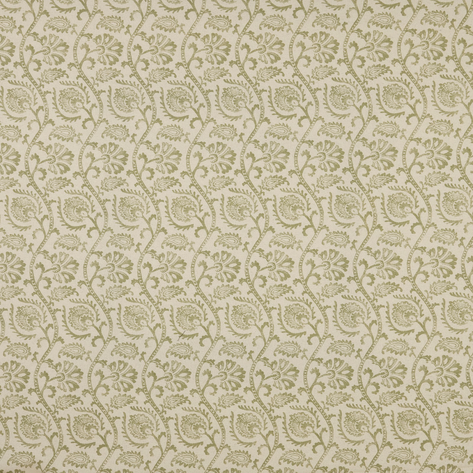 Sage green trailing floral vine fabric on a pale cream ground