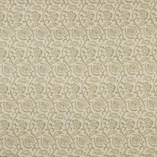 Sage green trailing floral vine fabric on a pale cream ground