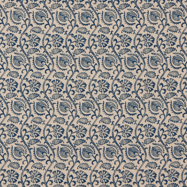 Cream fabric with repeating sapphire-blue damask vine and floral motif
