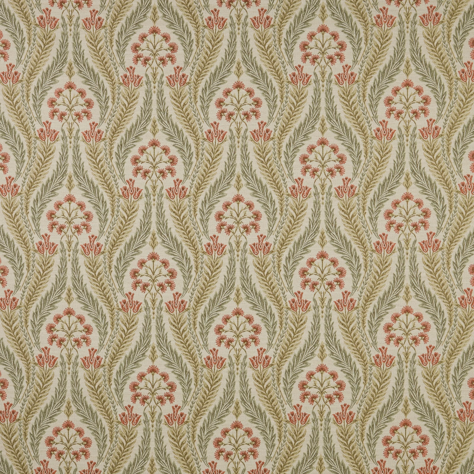 Botanical woven fabric with olive fronds and soft coral floral arches on a pale ground
