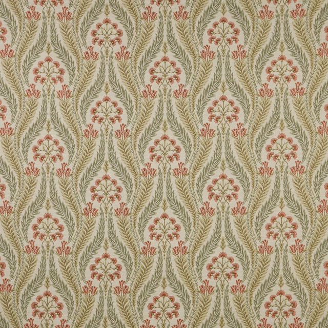 Botanical woven fabric with olive fronds and soft coral floral arches on a pale ground