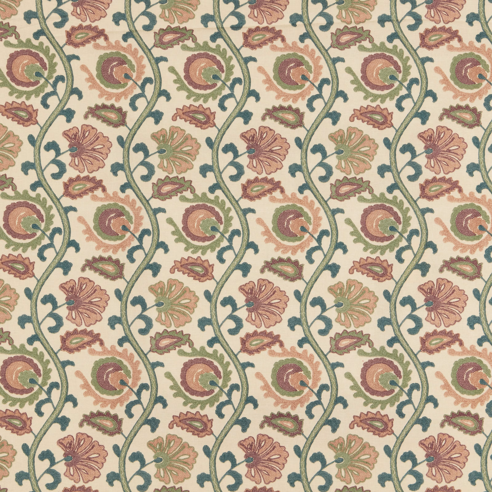 Blush floral vine fabric with sage and teal scrolling pattern