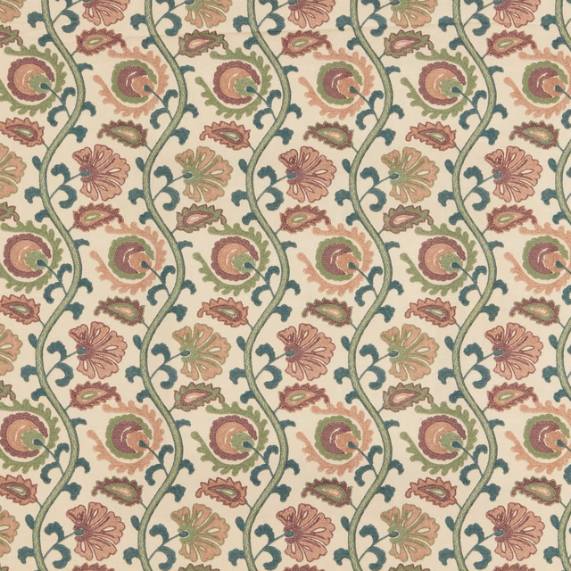 Blush floral vine fabric with sage and teal scrolling pattern