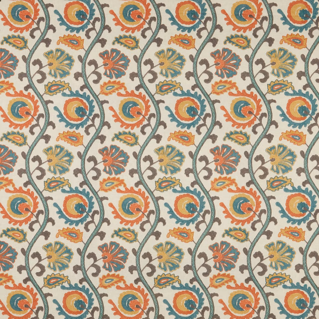 Cream fabric swatch with sea-green wavy vines and coral paisley florals