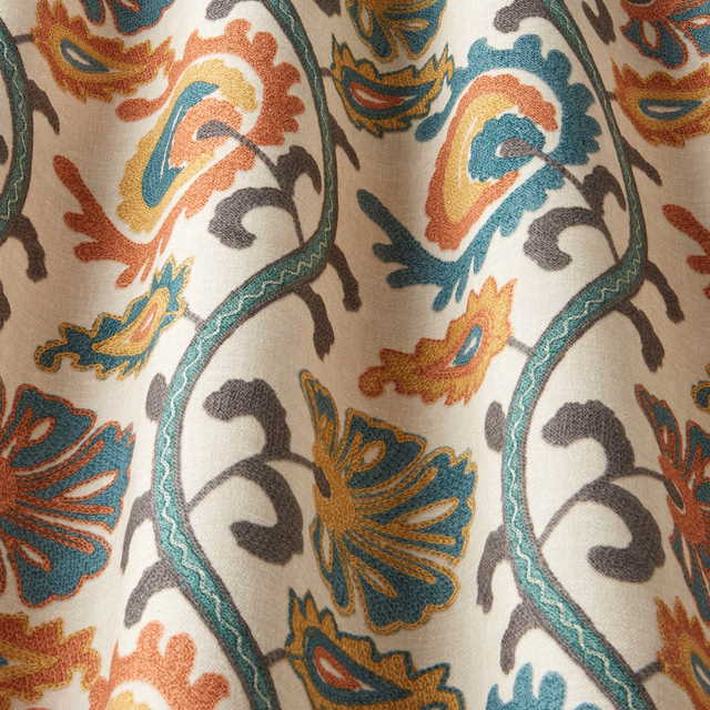 Sea green wavy damask fabric with coral, gold and charcoal motifs on ivory