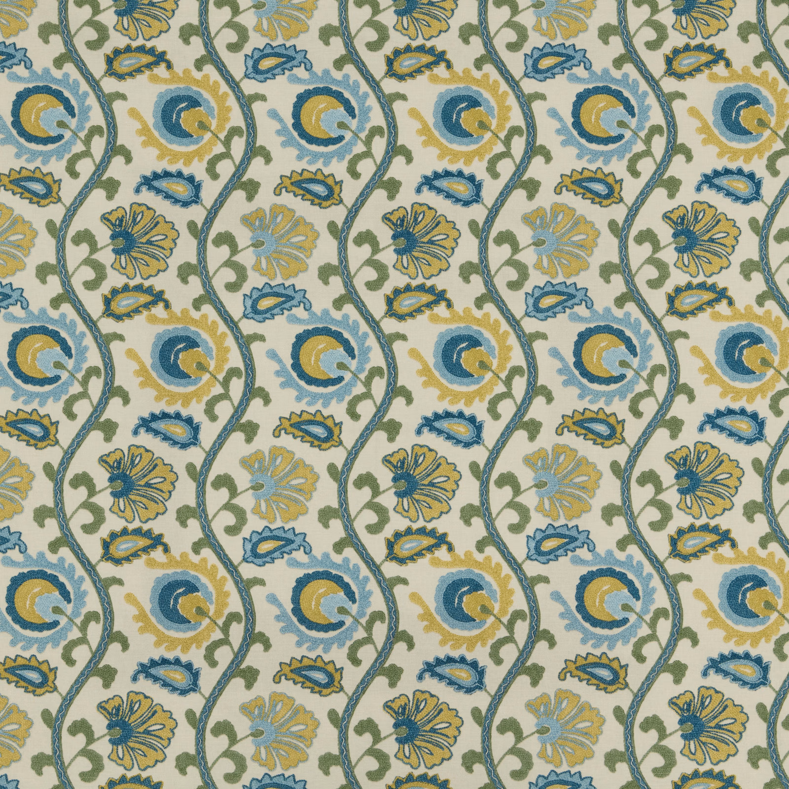 Teal and gold floral woven fabric with wavy stripe bands on a pale ground