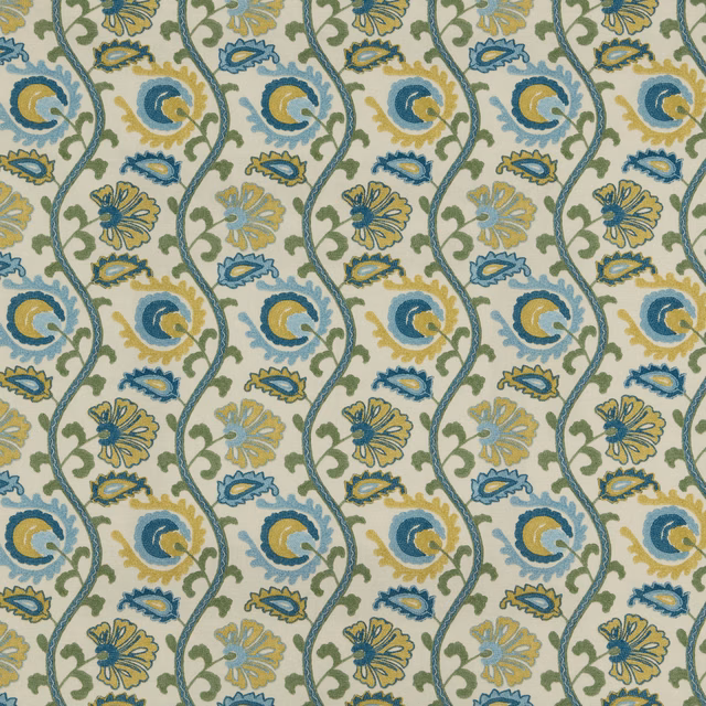 Teal and gold floral woven fabric with wavy stripe bands on a pale ground