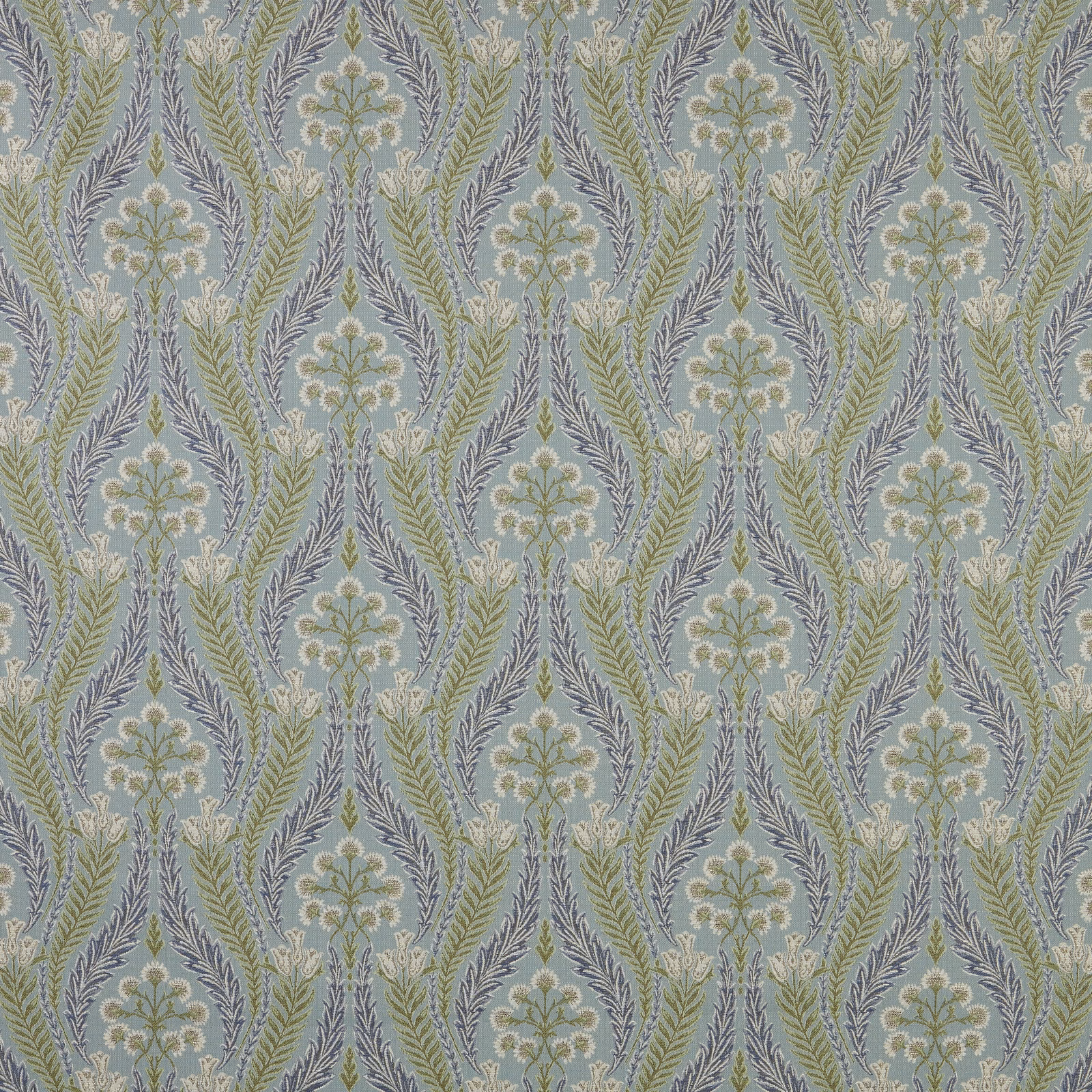 Glacier blue floral woven fabric with sage leaves and ivory detailing