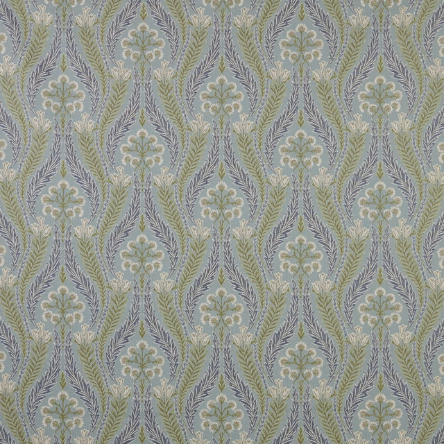 Glacier blue floral woven fabric with sage leaves and ivory detailing