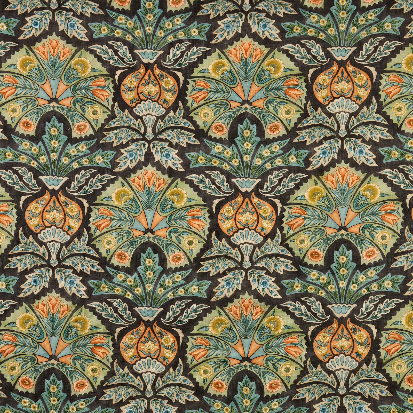 Charcoal ground floral fabric with teal, green and orange motifs