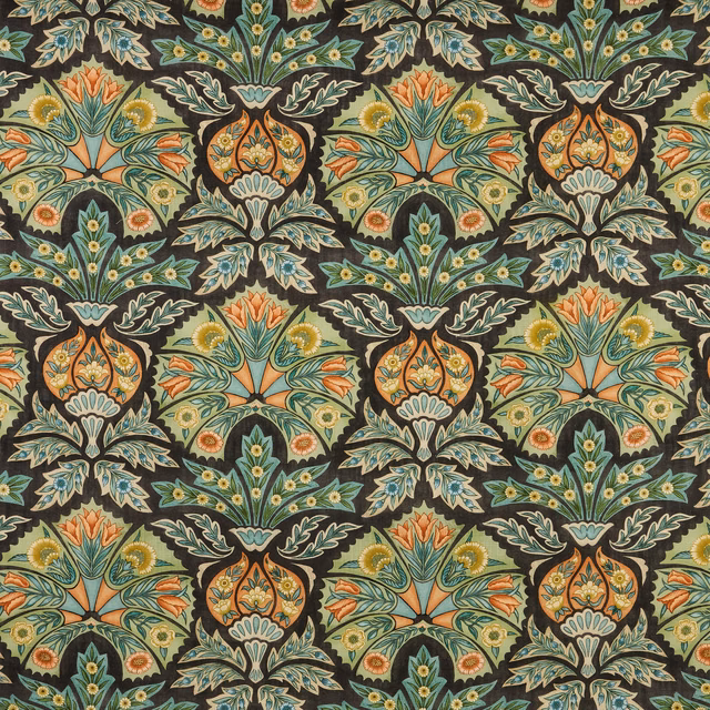 Charcoal ground floral fabric with teal, green and orange motifs