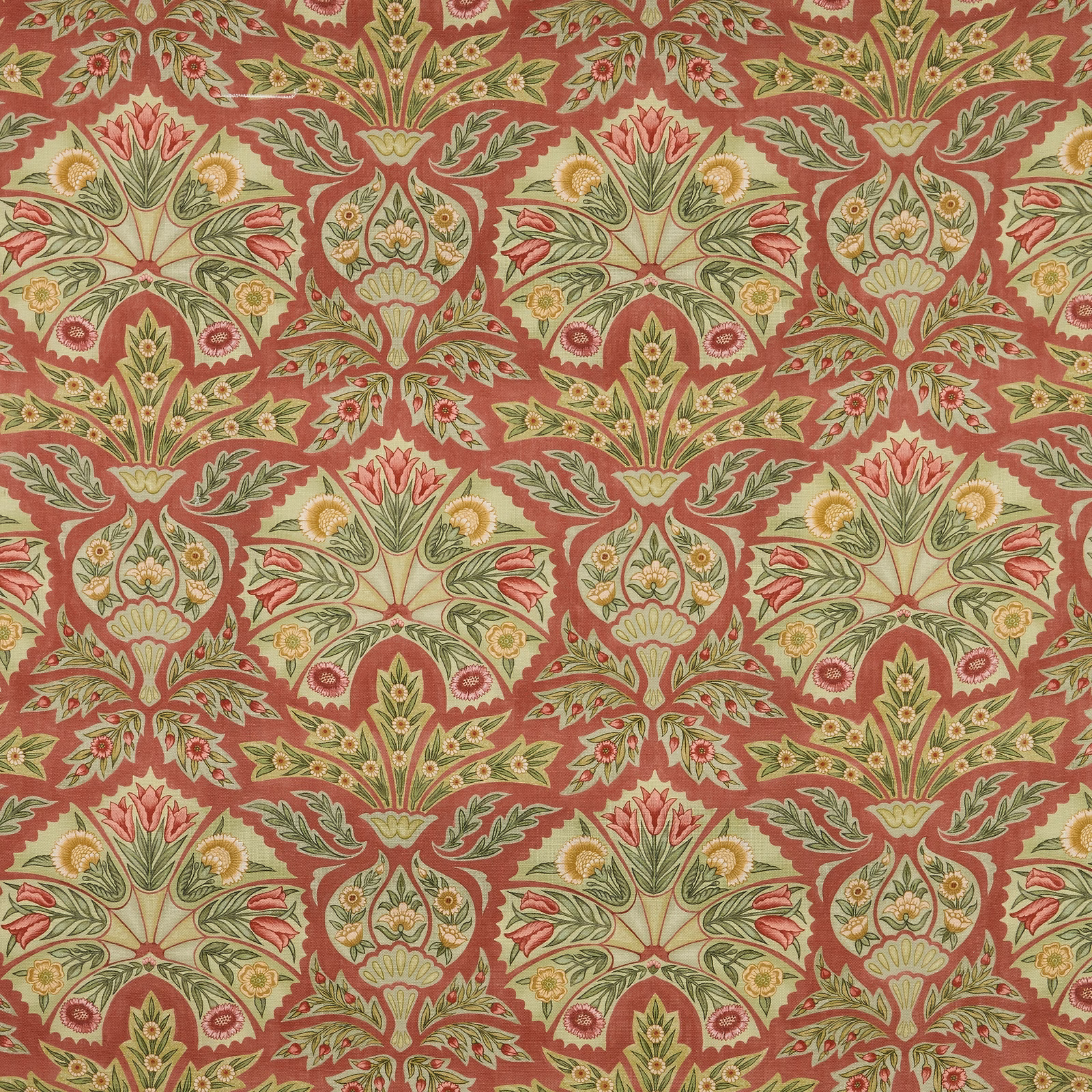 Large floral scroll print in dark coral, sage green and cream fabric