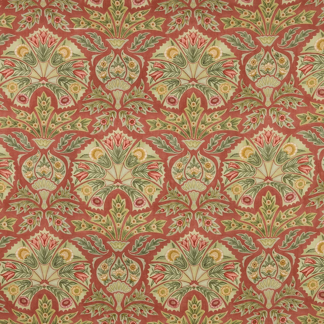 Large floral scroll print in dark coral, sage green and cream fabric