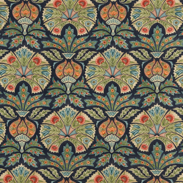 Navy floral woven fabric with cream, sage, teal and coral motifs