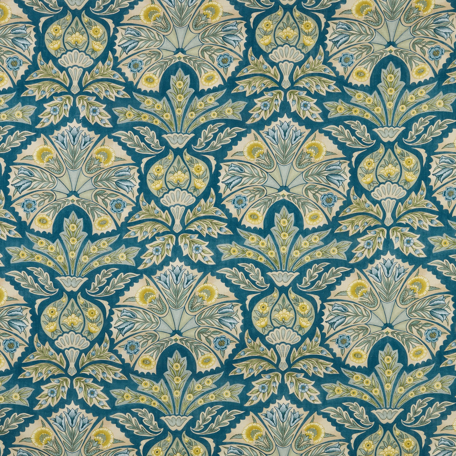 Teal botanical fabric with cream, sage and yellow scrolling floral motifs