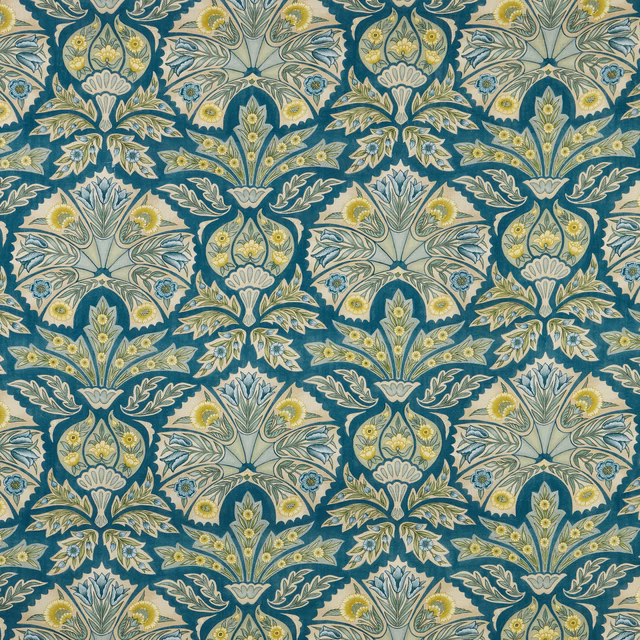 Teal botanical fabric with cream, sage and yellow scrolling floral motifs