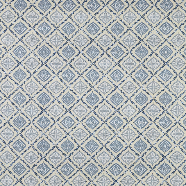 Blue diamond lattice fabric with pale embroidered-look motifs on a soft ivory ground