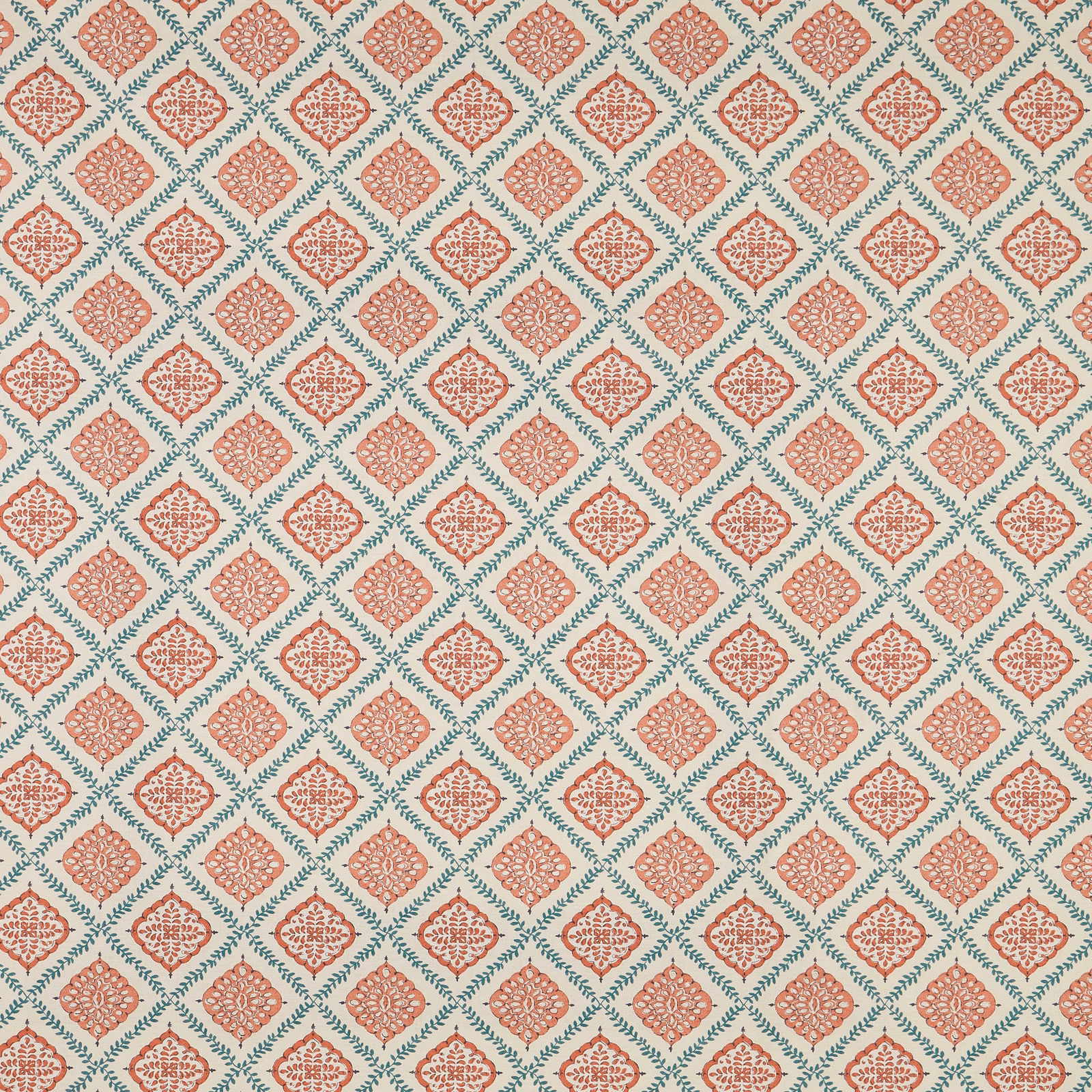 Small coral diamond floral pattern with teal outlines on a cream ground