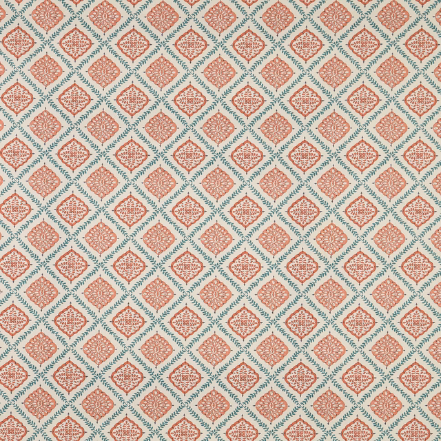 Small coral diamond floral pattern with teal outlines on a cream ground