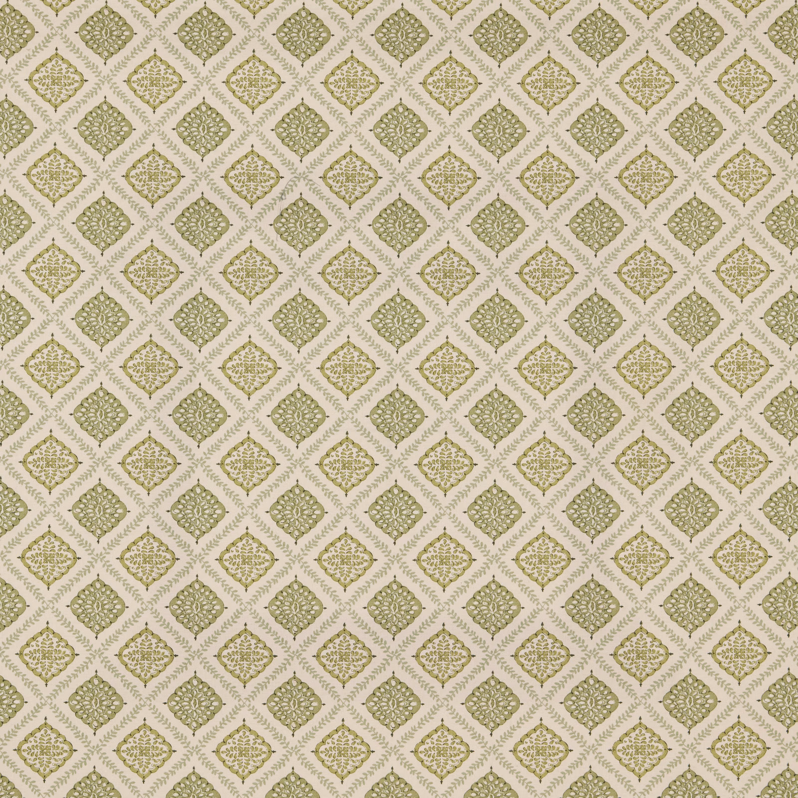 Sage green diamond damask pattern on a pale textured fabric ground