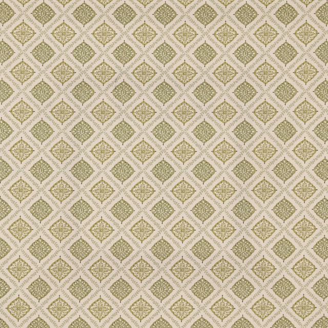 Sage green diamond damask pattern on a pale textured fabric ground