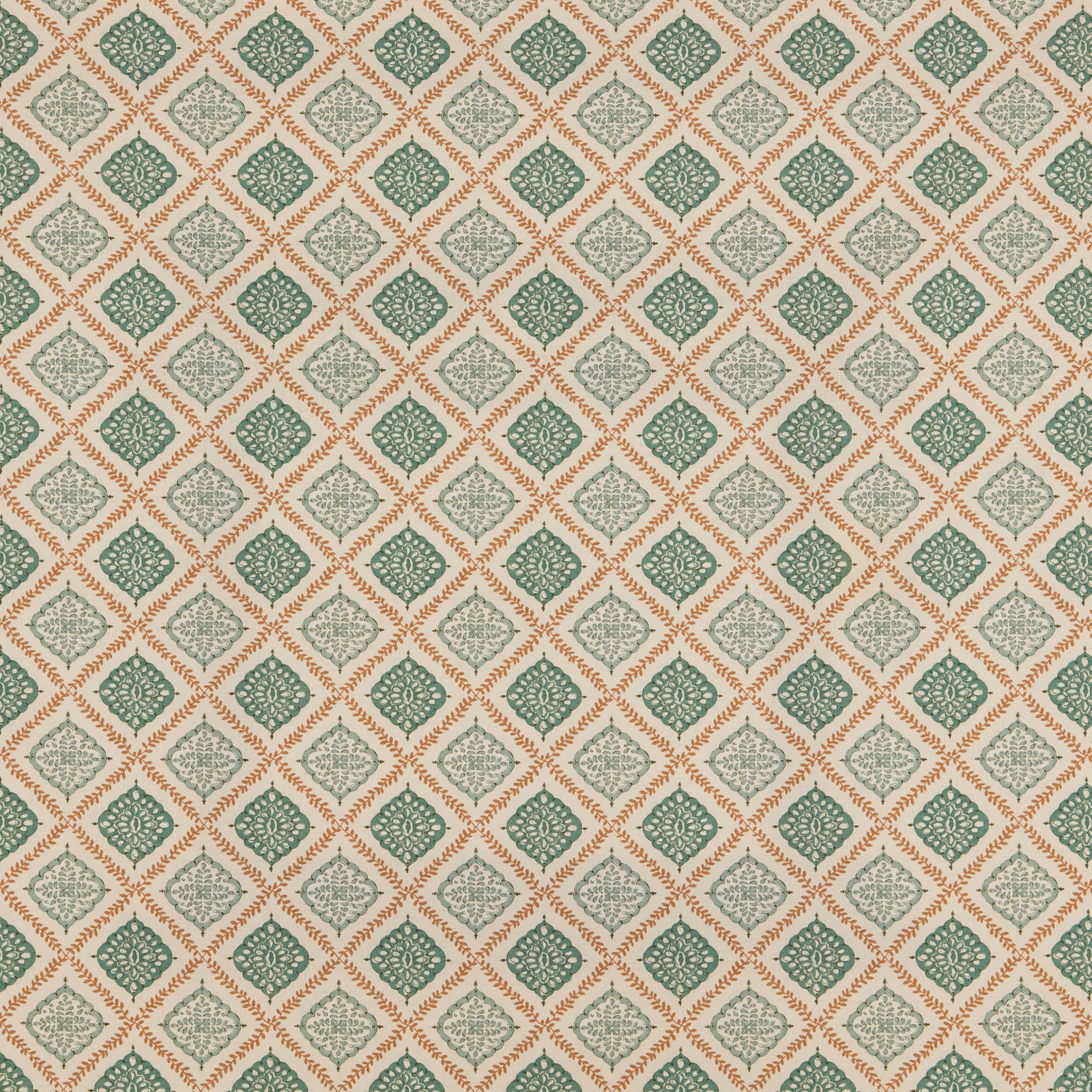 Sea-green diamond motif on cream woven fabric with terracotta outline