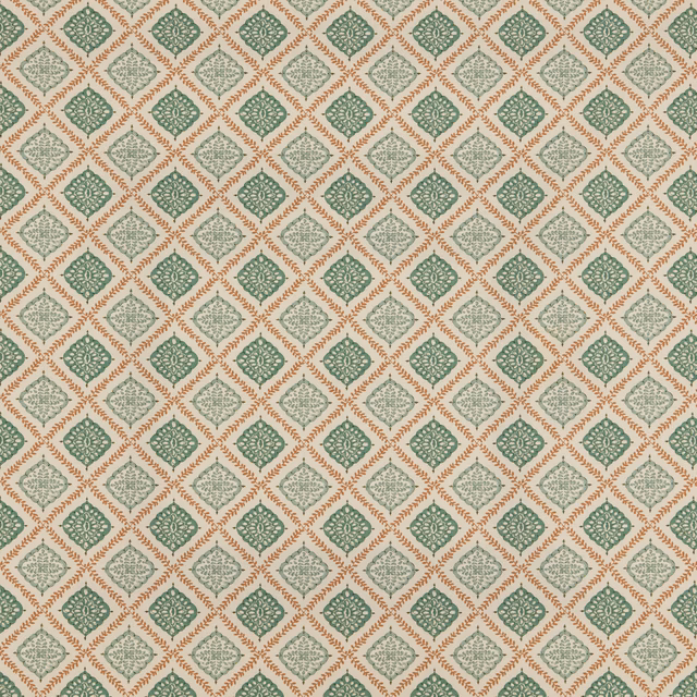 Sea-green diamond motif on cream woven fabric with terracotta outline
