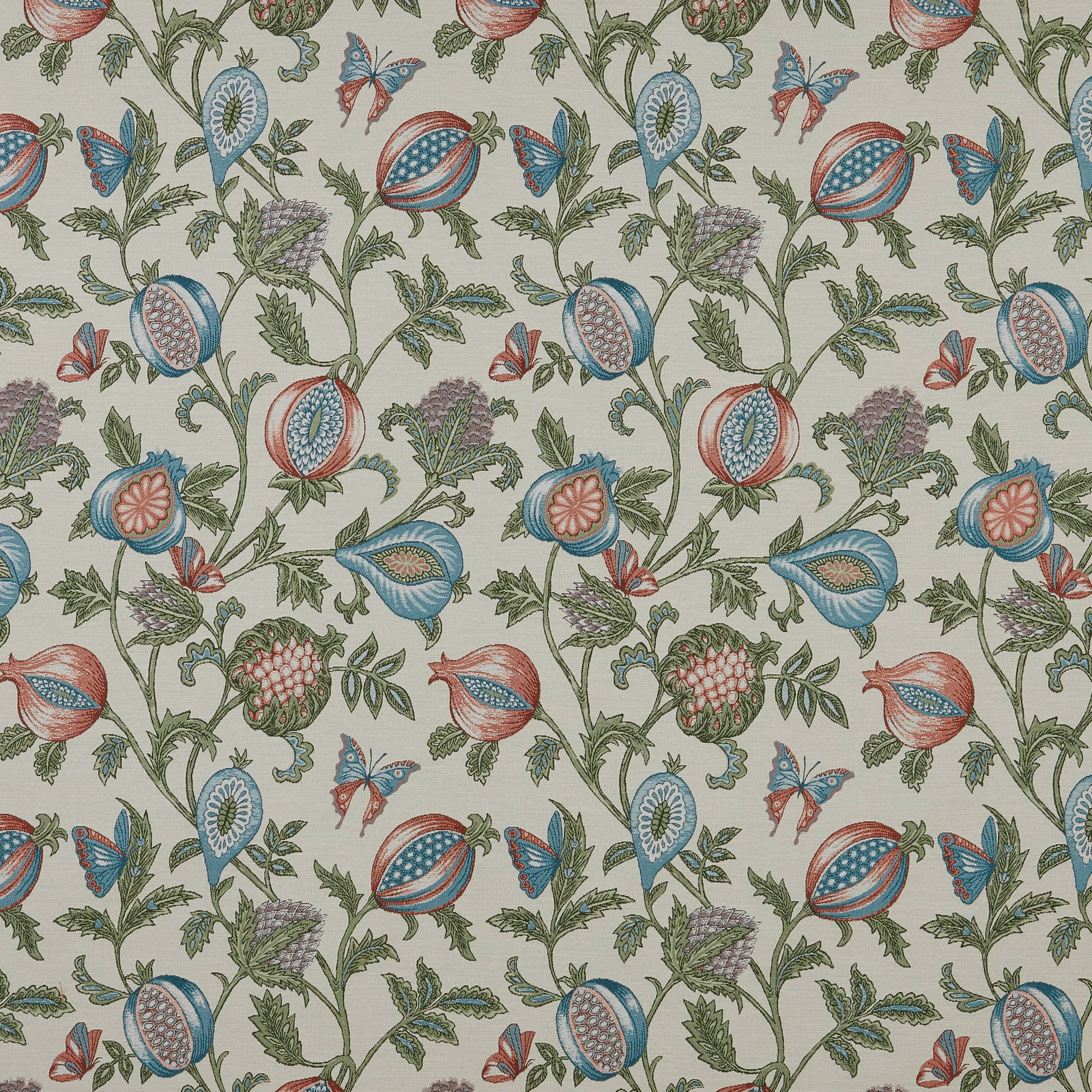 Botanical fabric swatch with glacier blue fruit, sage leaves and coral details on a pale ground