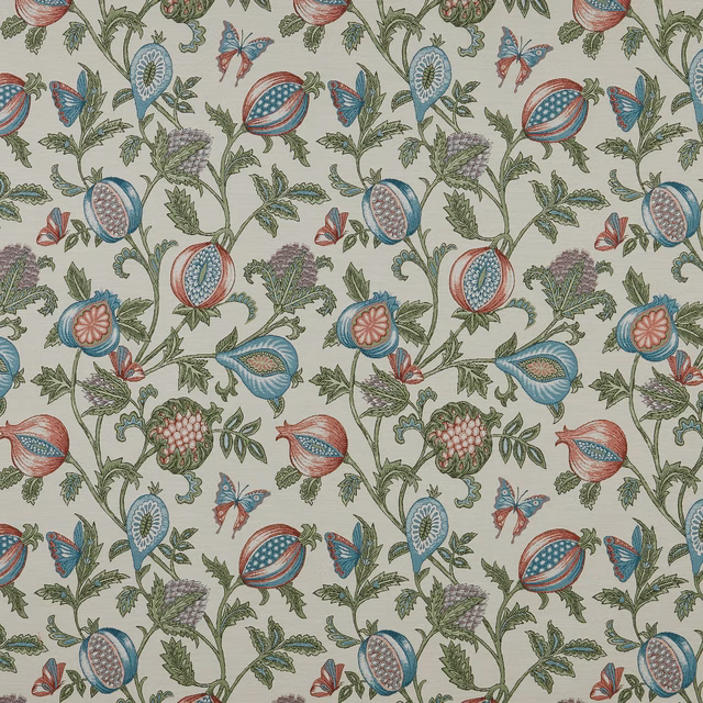 Botanical fabric swatch with glacier blue fruit, sage leaves and coral details on a pale ground