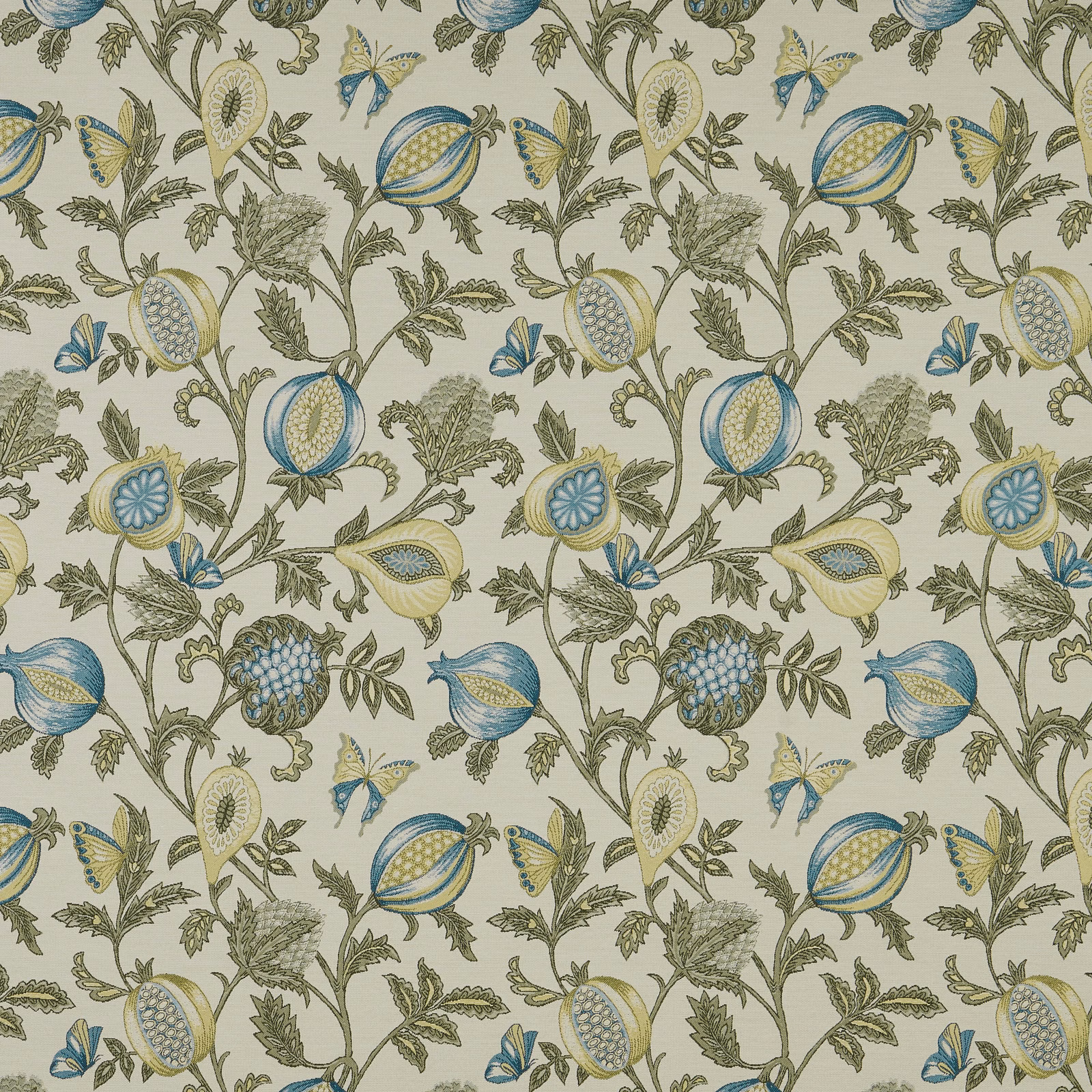 Painterly teal and blue botanical fabric with butterflies on a pale ground