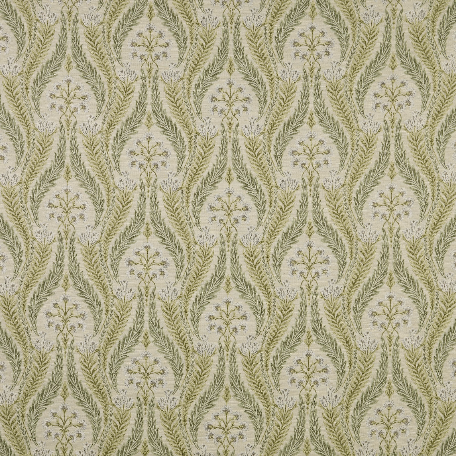 Sage green botanical fabric with leafy vertical bands and cream ground
