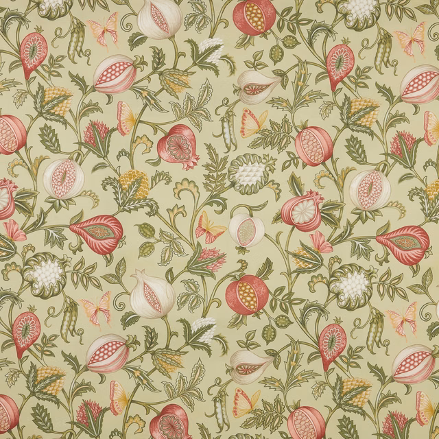 Sage green floral fabric with pink, cream and yellow botanical motifs