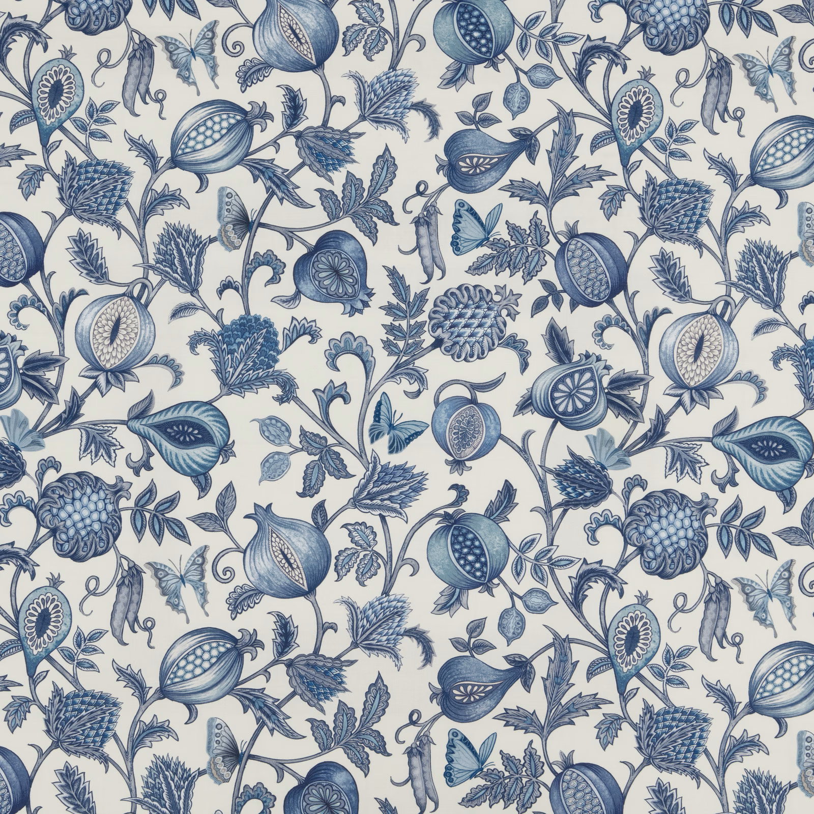 Blue botanical fabric swatch with fruiting stems on an ivory ground