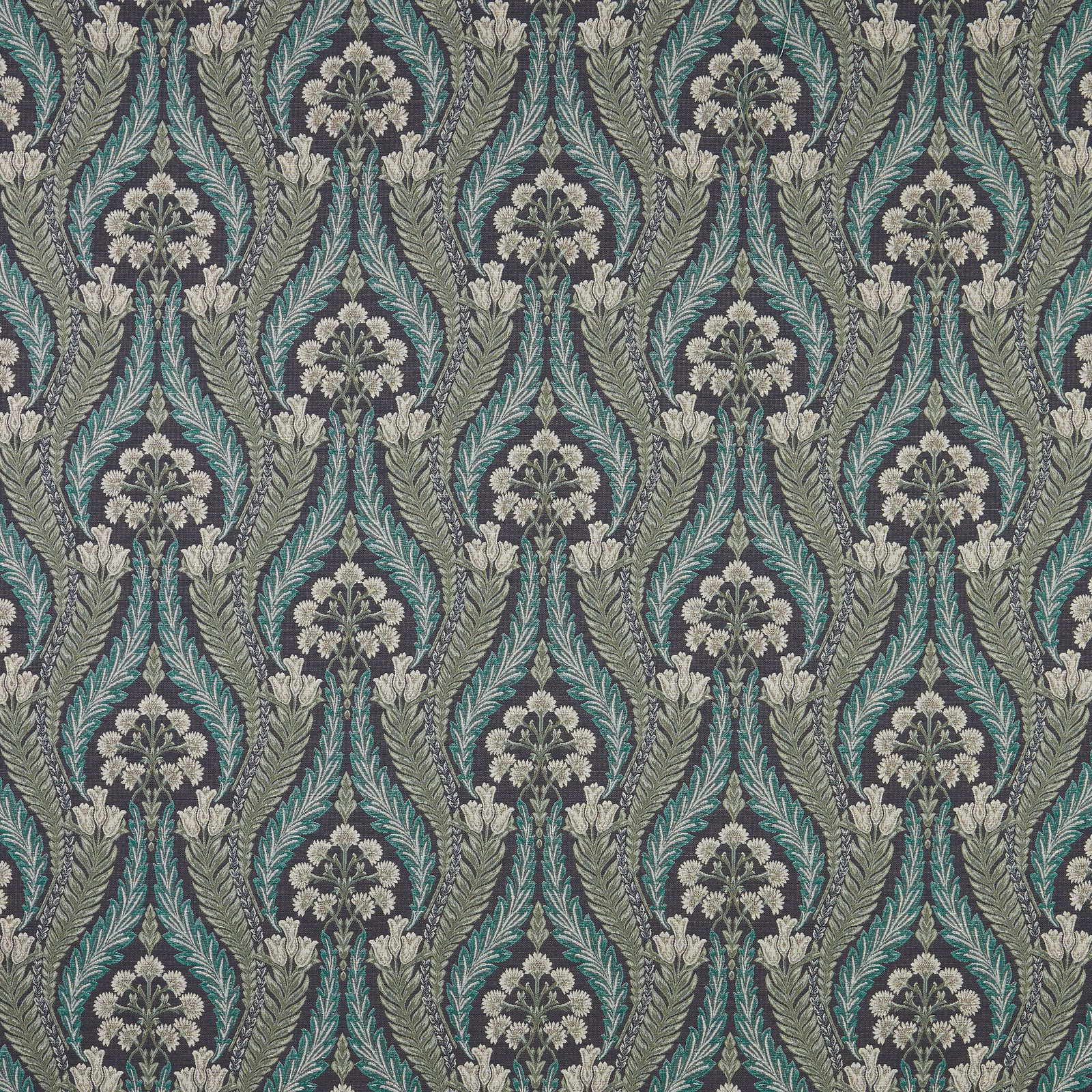 Repeated teal and stone floral motif on a deep sapphire woven ground