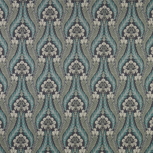 Repeated teal and stone floral motif on a deep sapphire woven ground
