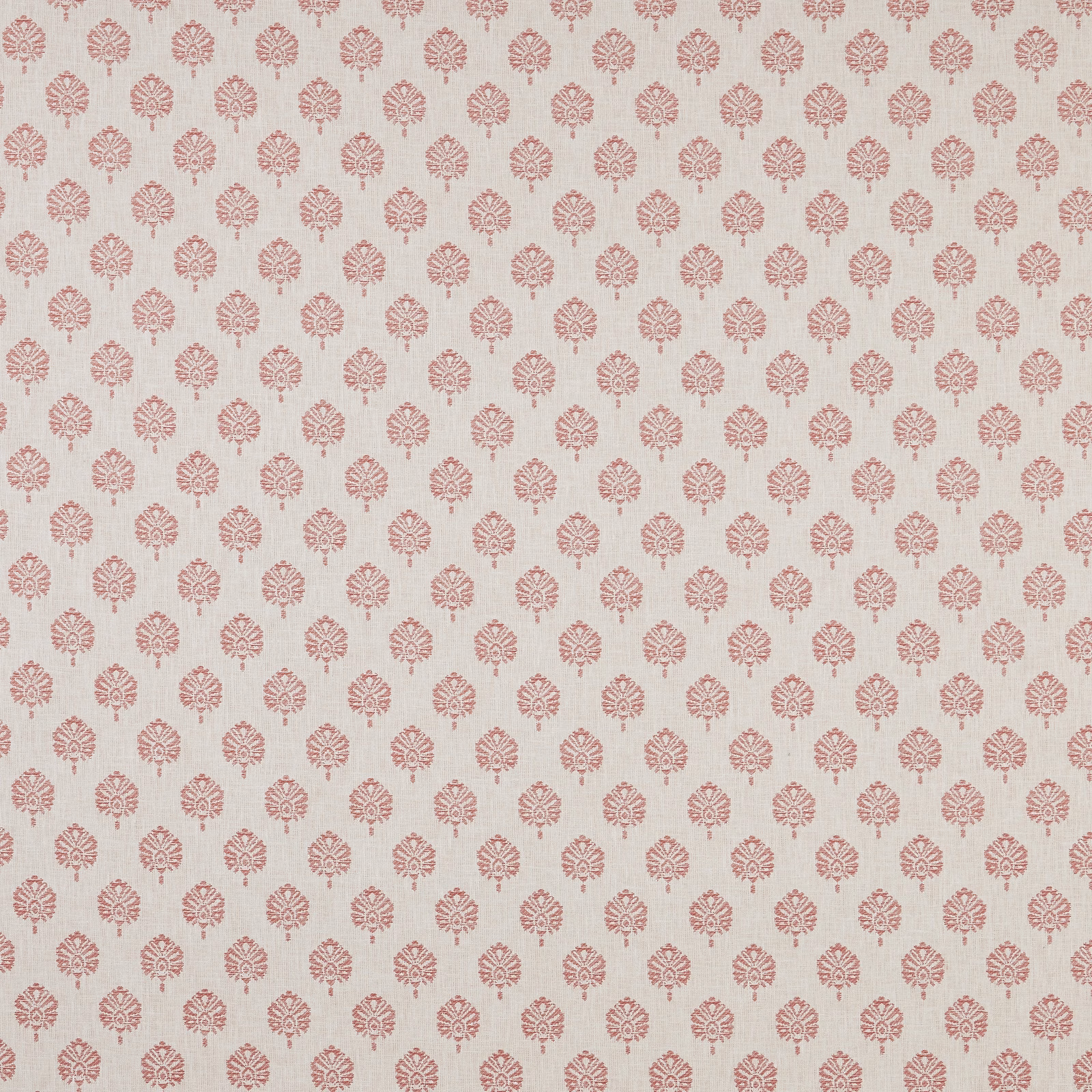 Small repeating coral floral motif on a warm neutral woven fabric