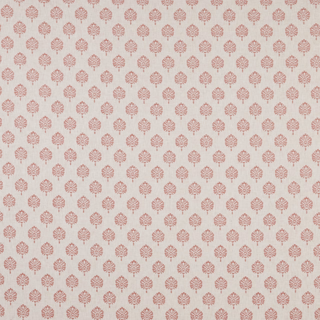 Small repeating coral floral motif on a warm neutral woven fabric